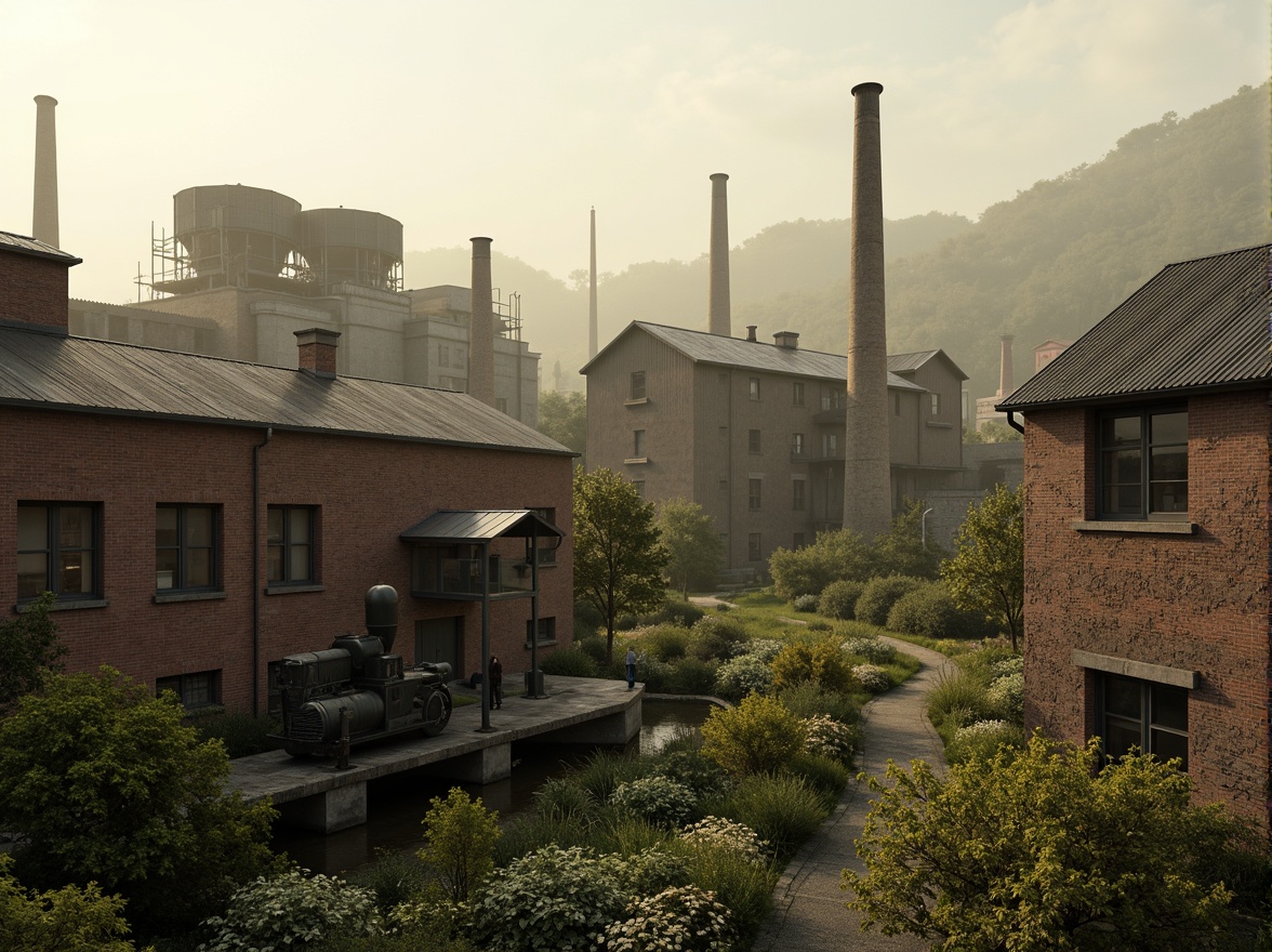 Prompt: Industrial factory complex, rustic brick buildings, corrugated metal roofs, worn concrete walls, vintage machinery, abandoned chimneys, overgrown vegetation, wildflowers, meandering streams, misty atmosphere, soft warm lighting, shallow depth of field, 3/4 composition, panoramic view, realistic textures, ambient occlusion, regionalist architectural style, functional simplicity, earthy color palette, distressed finishes, reclaimed wood accents, metal cladding, industrial heritage, nostalgic ambiance.