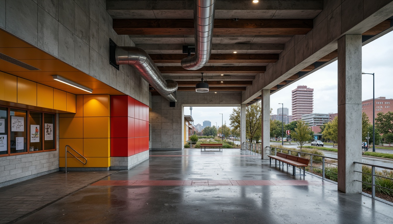 Prompt: Rough-hewn concrete walls, exposed ductwork, industrial metal beams, polished wooden accents, bold color blocking, natural stone flooring, brutalist architecture, middle school setting, educational murals, urban landscape views, overcast skies, dramatic shadows, high-contrast lighting, 1/1 composition, symmetrical framing, gritty textures, ambient occlusion.