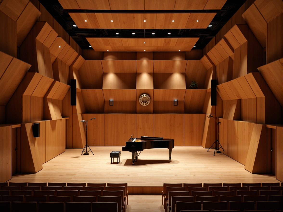 Prompt: Intimate concert hall, wooden acoustic panels, sound-absorbing materials, curved lines, minimalist decor, warm ambient lighting, shallow stage, grand piano, professional audio equipment, microphone stands, speaker systems, soundproofing, reverberation control, optimal seating arrangement, 3/4 composition, soft focus, warm color palette, realistic textures.