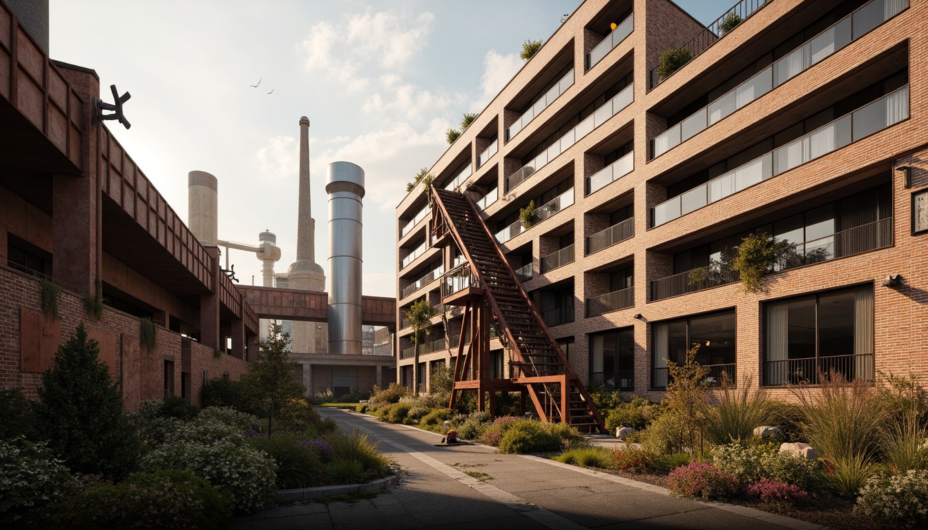 Prompt: Industrial heritage site, exposed brick buildings, rusty metal structures, reclaimed wood accents, vintage factory equipment, urban renewal, mixed-use development, adaptive reuse, modern amenities, sleek glass facades, corten steel cladding, brutalist architecture, post-industrial landscape, overgrown vegetation, abandoned machinery, nostalgic atmosphere, warm golden lighting, shallow depth of field, 2/3 composition, realistic textures, ambient occlusion.