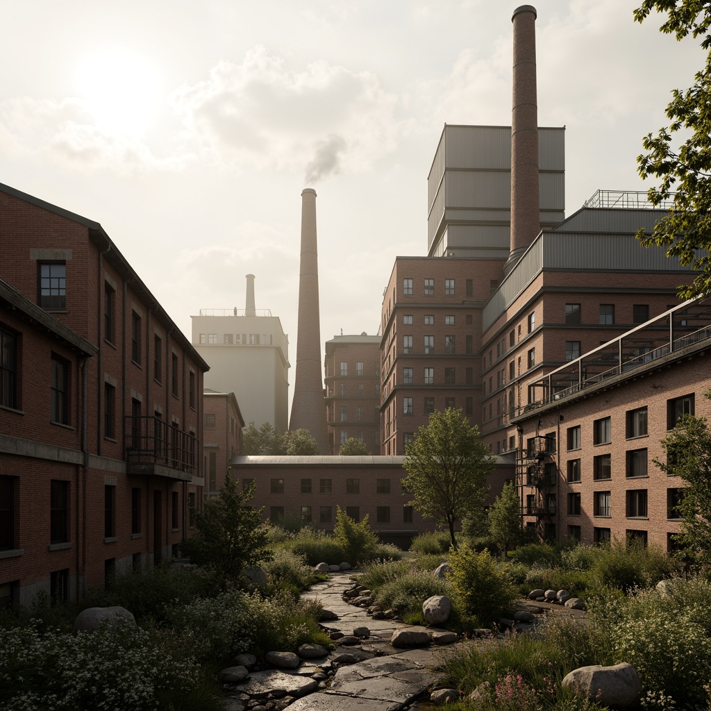 Prompt: Industrial factory complex, rustic brick buildings, corrugated metal roofs, worn concrete walls, vintage machinery, abandoned chimneys, overgrown vegetation, wildflowers, meandering streams, misty atmosphere, soft warm lighting, shallow depth of field, 3/4 composition, panoramic view, realistic textures, ambient occlusion, regionalism-inspired architecture, modern industrial design, functional spaces, exposed ductwork, metal catwalks, reclaimed wood accents, earthy color palette, natural stone pathways, weathered steel bridges.