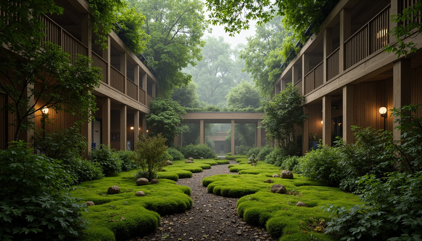 Prompt: Mossy forest floor, lush greenery, misty atmosphere, natural stone walls, wooden accents, earthy tones, organic textures, soft warm lighting, shallow depth of field, 3/4 composition, panoramic view, realistic foliage, ambient occlusion, serene ambiance, whimsical details, intricate patterns, nature-inspired design.