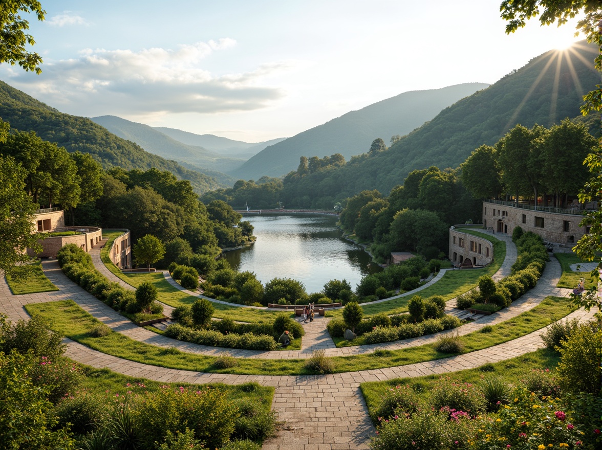 Prompt: Rolling hills, lush greenery, serene lake views, amphitheater structures, tiered seating, natural stone walls, wooden benches, scenic overlooks, walking trails, meandering streams, rustic bridges, vibrant wildflowers, sunny afternoon, soft warm lighting, shallow depth of field, 3/4 composition, panoramic view, realistic textures, ambient occlusion.