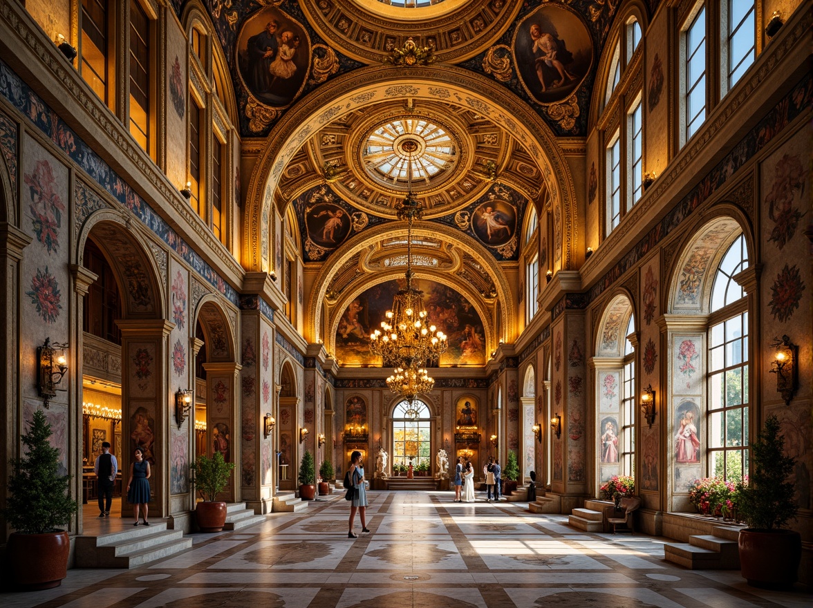 Prompt: Intricate mosaics, golden domes, ornate archways, lavish frescoes, richly patterned textiles, opulent marble floors, grandiose chandeliers, ornamental capitals, gilded accents, vibrant apse murals, majestic columns, elaborate iconography, mystical symbolism, warm candlelight, soft atmospheric lighting, shallow depth of field, 1/2 composition, realistic textures, ambient occlusion.