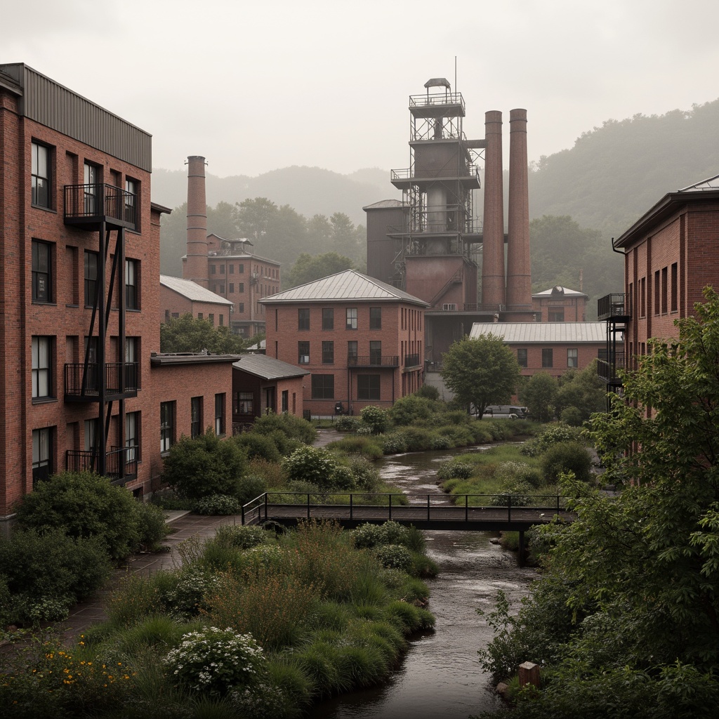 Prompt: Industrial factory complex, rustic brick buildings, corrugated metal roofs, worn concrete walls, vintage machinery, abandoned chimneys, overgrown vegetation, wildflowers, meandering streams, misty atmosphere, soft warm lighting, shallow depth of field, 3/4 composition, panoramic view, realistic textures, ambient occlusion, regionalism-inspired architecture, modern industrial design, functional spaces, exposed ductwork, metal catwalks, reclaimed wood accents, earthy color palette, natural stone pathways, weathered steel bridges.