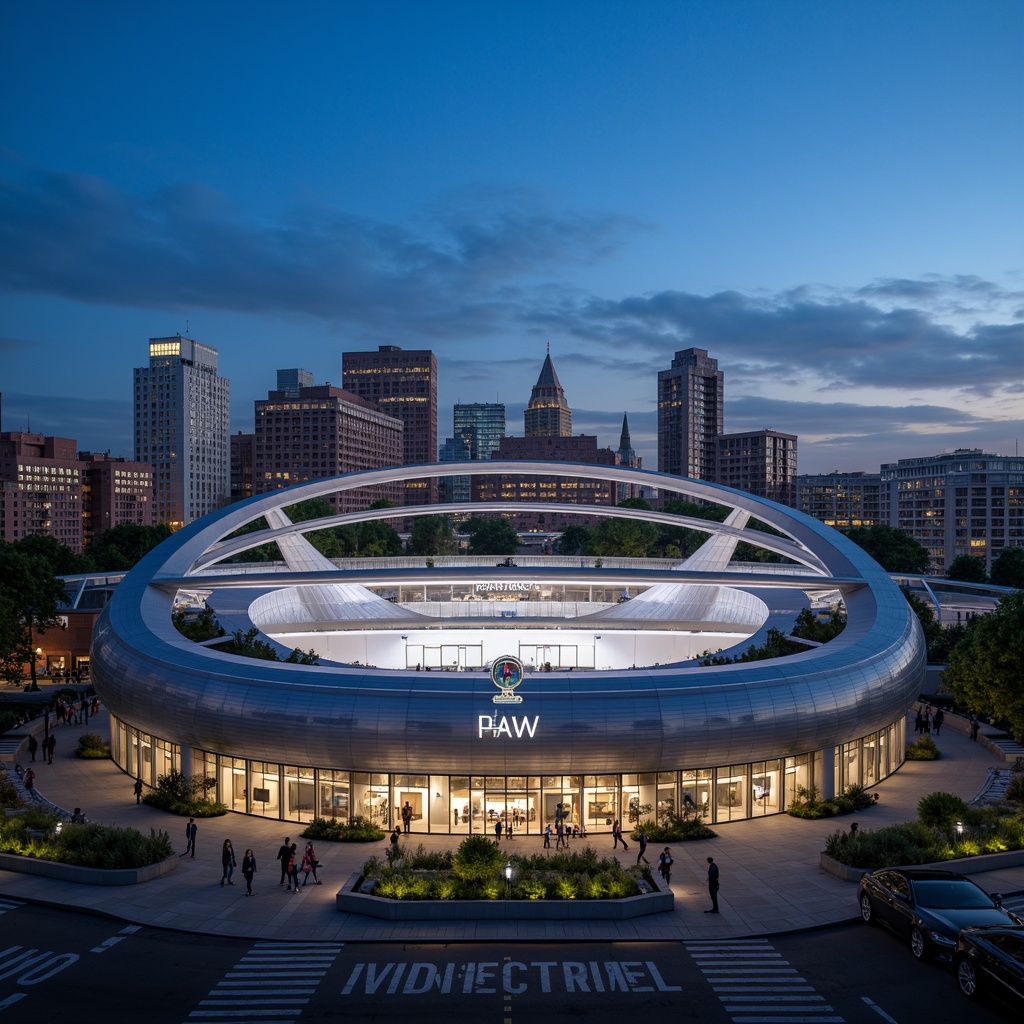 Prompt: Sleek stadium fa\u00e7ade, curved lines, aerodynamic shape, modernist architecture, metallic materials, silver-gray color scheme, minimalist ornamentation, LED lighting strips, cantilevered roofs, grand entrance gates, futuristic design elements, dynamic angular forms, high-tech infrastructure, urban landscape, evening ambiance, dramatic spotlighting, shallow depth of field, 2/3 composition, cinematic view, realistic reflections, ambient occlusion.