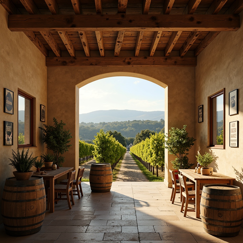 Prompt: Rustic winery, earthy tones, warm beige walls, rich wood accents, vintage metal decor, lush green vineyards, rolling hills, sunny afternoon, soft golden lighting, shallow depth of field, 1/1 composition, realistic textures, ambient occlusion, natural stone pathways, wooden barrels, wine cellar atmosphere, elegant typography, sophisticated branding.