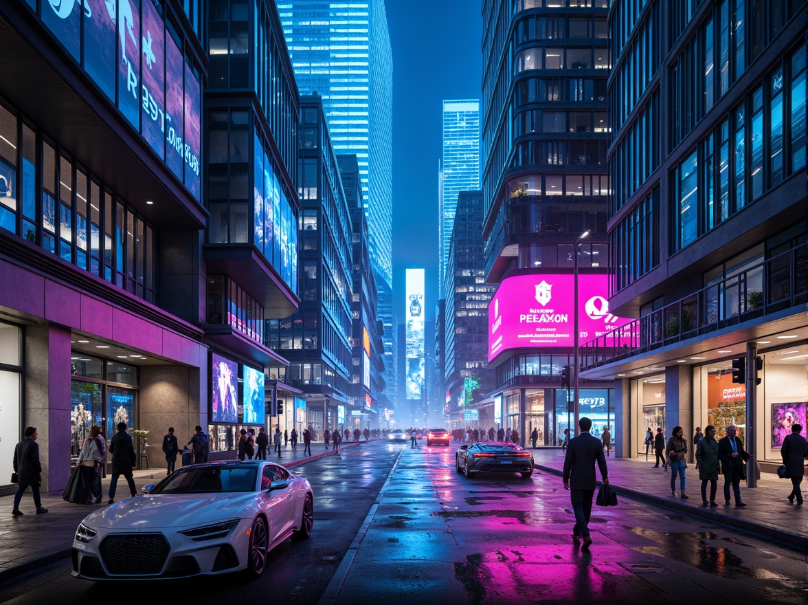 Prompt: Neon-lit cityscape, metallic skyscrapers, holographic advertisements, iridescent glass towers, cyberpunk alleys, neon-drenched streets, vibrant LED lights, electric blue hues, hot pink accents, chrome-plated details, mirror-like reflections, futuristic transportation systems, sleek aerodynamic shapes, high-tech gadgetry, virtual reality interfaces, 3D holographic projections, atmospheric mist effects, cinematic lighting, shallow depth of field, 1/1 composition, realistic metallic textures, ambient occlusion.