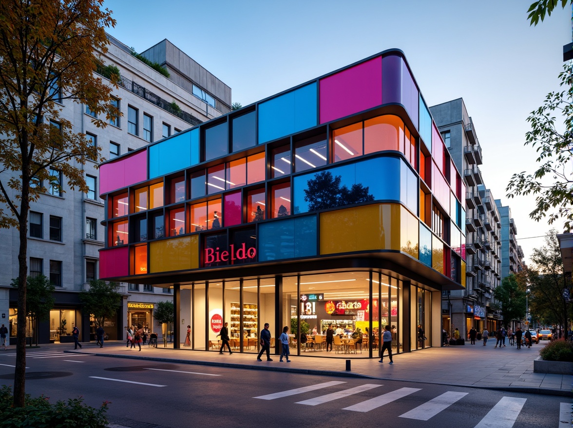 Prompt: Vibrant fitness club facade, bold color blocking, irregular shapes, fragmented forms, playful typography, neon lights, metallic accents, glass brick walls, cantilevered structures, asymmetrical composition, dynamic curves, urban cityscape, bustling streets, morning sunlight, shallow depth of field, 1/1 composition, realistic textures, ambient occlusion.