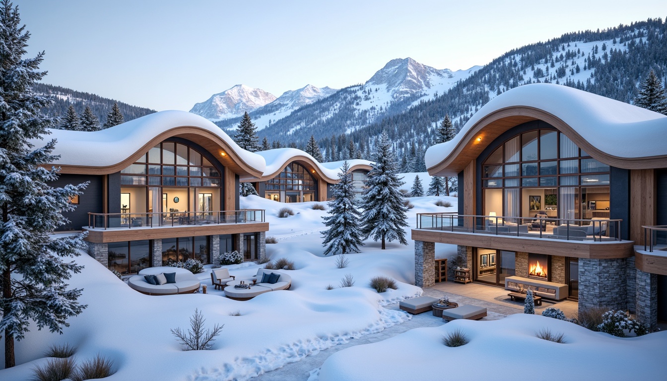 Prompt: Snow-capped mountains, frosty pine trees, icy slopes, ski lifts, curvaceous roofs, undulating walls, sinuous lines, dynamic shapes, modern ski center architecture, wooden accents, stone foundations, large windows, sliding glass doors, warm cozy interiors, rustic decor, crackling fireplaces, soft warm lighting, shallow depth of field, 1/1 composition, panoramic view, realistic textures, ambient occlusion.