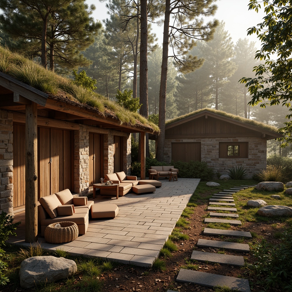 Prompt: Earthy cabin, wooden accents, natural stone walls, rustic brown furniture, woven textiles, earthy color palette, warm beige tones, soft sienna hues, moss-covered roofs, forest surroundings, misty morning, warm sunlight, shallow depth of field, 1/1 composition, realistic textures, ambient occlusion.