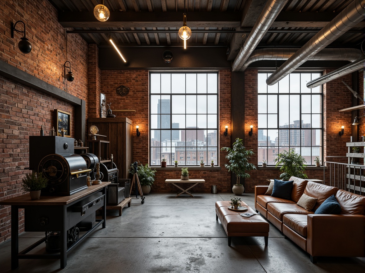 Prompt: Rustic industrial warehouse, exposed brick walls, metal beams, reclaimed wood accents, distressed concrete floors, vintage machinery, worn leather upholstery, metallic pipes, Edison bulb lighting, urban cityscape, cloudy grey sky, soft natural light, shallow depth of field, 2/3 composition, realistic textures, ambient occlusion.