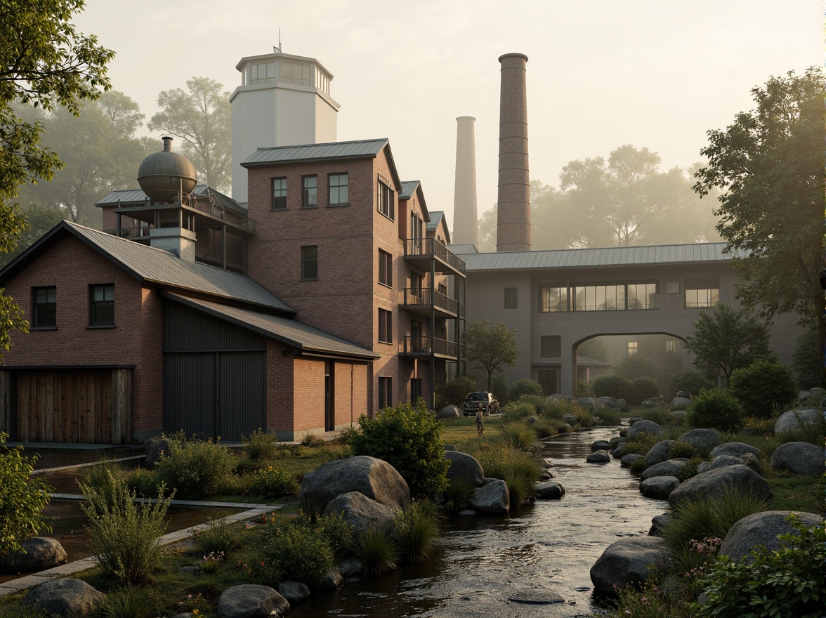 Prompt: Industrial factory complex, rustic brick buildings, corrugated metal roofs, worn concrete walls, vintage machinery, abandoned chimneys, overgrown vegetation, wildflowers, meandering streams, misty atmosphere, soft warm lighting, shallow depth of field, 3/4 composition, panoramic view, realistic textures, ambient occlusion, regionalist architectural style, functional simplicity, earthy color palette, distressed finishes, reclaimed wood accents, metal cladding, industrial heritage, nostalgic ambiance.