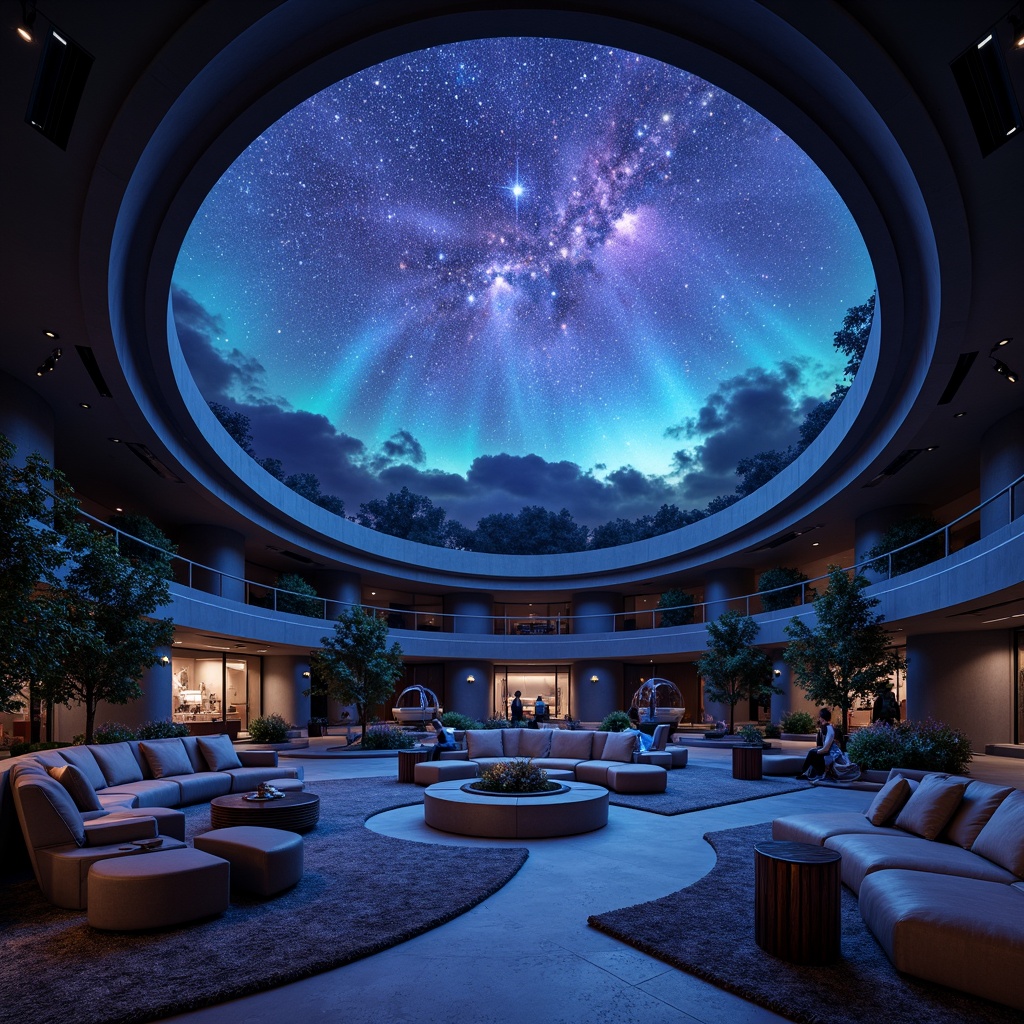 Prompt: Celestial planetarium dome, dark blues and purples, starry night sky, twinkling lights, nebula-inspired hues, iridescent colors, shimmering fabrics, metallic accents, futuristic architecture, spherical structure, immersive experience, 360-degree view, soft gradient lighting, atmospheric ambiance, mystical aura, cosmic-inspired patterns, glowing constellations, vibrant aurora borealis, ethereal mist, dreamy quality, surreal atmosphere.