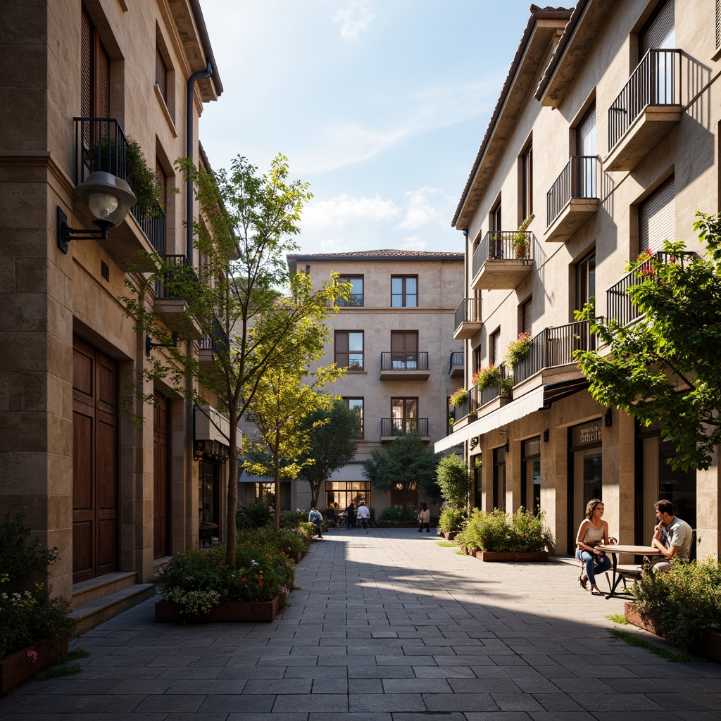 Prompt: Rustic market square, vintage street lamps, ornate ironwork, distressed stone walls, curved balconies, wooden shutters, flower-filled window boxes, soft warm lighting, shallow depth of field, 3/4 composition, panoramic view, realistic textures, ambient occlusion, romantic European-inspired architecture, intricate stonework, decorative cornices, grand entranceways, ornate doorways, elegant fountains, lush greenery, vibrant flowers, charming cafes, quaint shops, bustling market atmosphere.