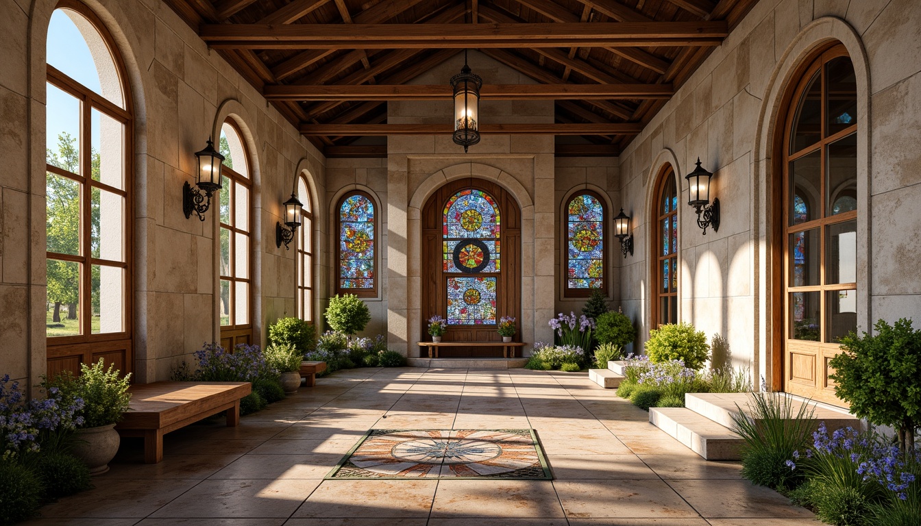 Prompt: Rustic stone walls, arched windows, ornate carvings, grand entrance halls, high ceilings, wooden beams, stained glass windows, vibrant colorful mosaics, intricate stone patterns, lush greenery, blooming flowers, sunny day, soft warm lighting, shallow depth of field, 3/4 composition, panoramic view, realistic textures, ambient occlusion.