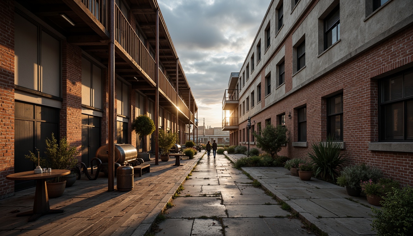 Prompt: Industrial factory setting, exposed brick walls, metal beams, worn wooden floors, distressed concrete textures, vintage machinery, rusty pipes, urban cityscape, cloudy grey skies, warm golden lighting, shallow depth of field, 1/2 composition, realistic materials, ambient occlusion, muted color palette, earthy tones, weathered steel blues, faded reds, industrial greens, creamy whites, rich browns.