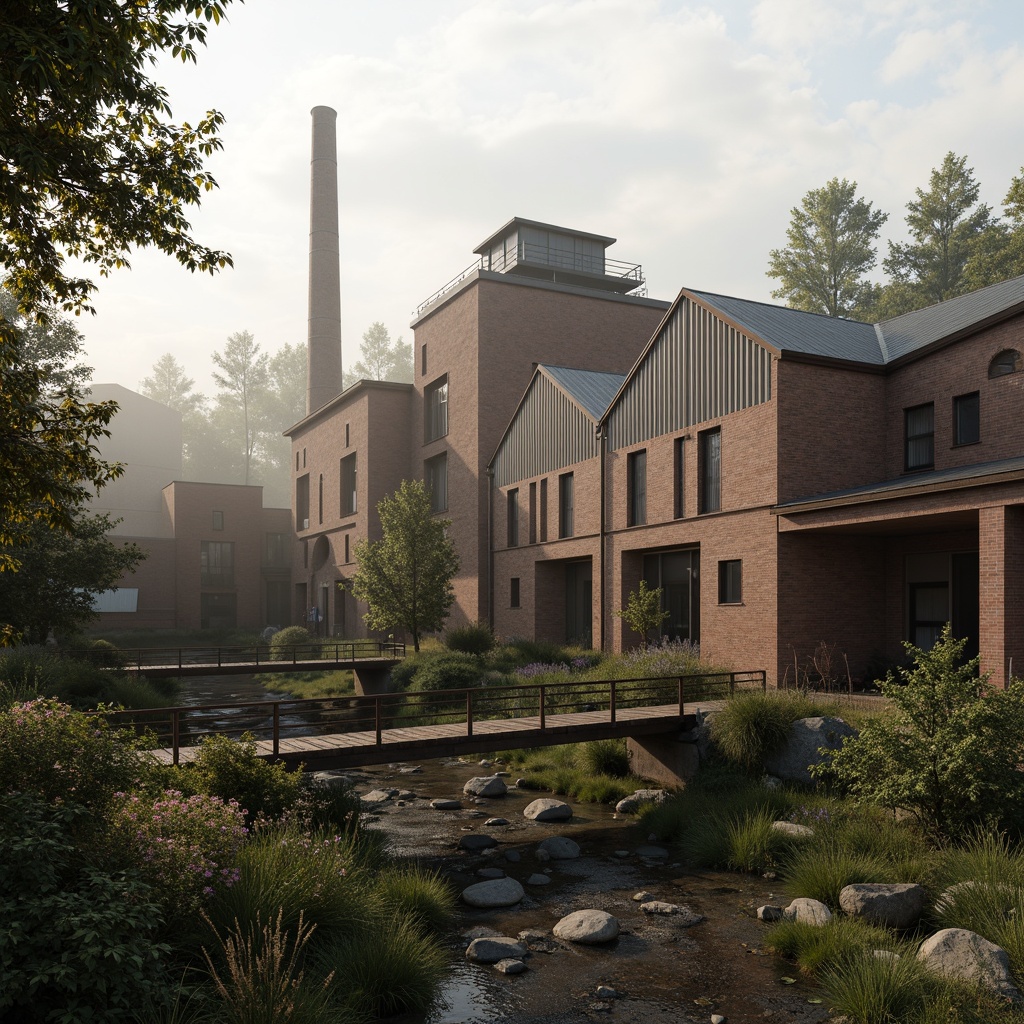 Prompt: Industrial factory complex, rustic brick buildings, corrugated metal roofs, worn concrete walls, vintage machinery, abandoned chimneys, overgrown vegetation, wildflowers, meandering streams, misty atmosphere, soft warm lighting, shallow depth of field, 3/4 composition, panoramic view, realistic textures, ambient occlusion, regionalism-inspired architecture, modern industrial design, functional spaces, exposed ductwork, metal catwalks, reclaimed wood accents, earthy color palette, natural stone pathways, weathered steel bridges.