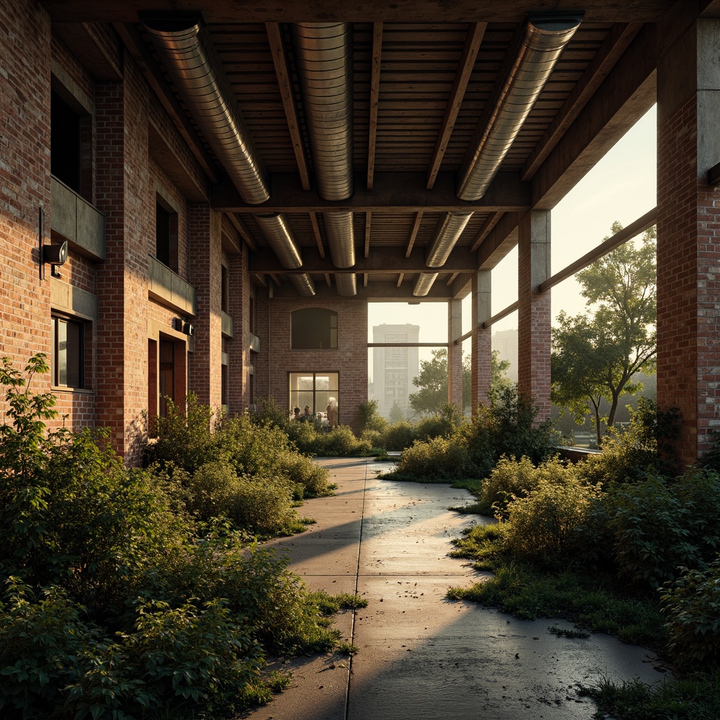 Prompt: Rustic industrial landscape, abandoned factories, distressed brick walls, corrugated metal roofs, worn wooden beams, vintage machinery, urban decay, overgrown vegetation, gritty urban atmosphere, warm golden lighting, shallow depth of field, 1/2 composition, cinematic view, realistic textures, ambient occlusion, nostalgic mood, retro-futuristic elements, exposed ductwork, concrete floors, steel columns, reclaimed wood accents, industrial chic aesthetic.