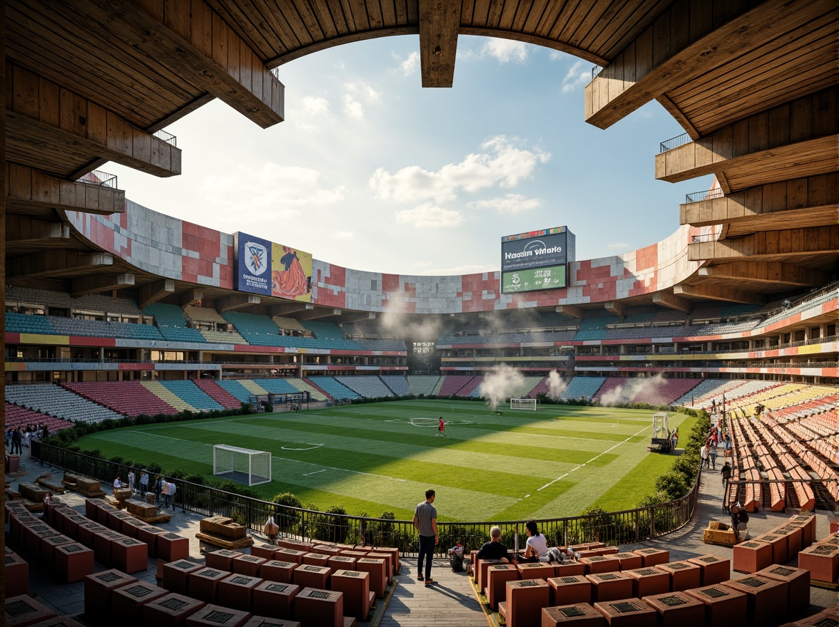 Prompt: Vibrant stadium, expressionist architecture, bold concrete structures, rough stone walls, rusty metal beams, distressed wood accents, abstract geometric patterns, dynamic lighting effects, intense color contrasts, dramatic shadows, atmospheric misting systems, lush greenery, artificial turf, sports equipment, goalposts, bleachers, spectator seats, urban cityscape backdrop, warm golden hour, cinematic composition, shallow depth of field, realistic textures, ambient occlusion.