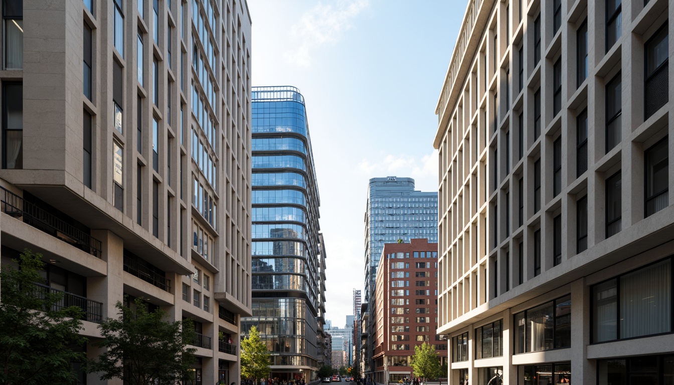 Prompt: Sleek modern buildings, curved lines, metallic surfaces, reflective glass facades, monochromatic color scheme, neutral tones, creamy whites, dark grays, bold accents, vibrant blues, warm beige, industrial materials, urban cityscape, busy streets, morning sunlight, soft shadows, 1/1 composition, symmetrical framing, high contrast lighting, realistic reflections.