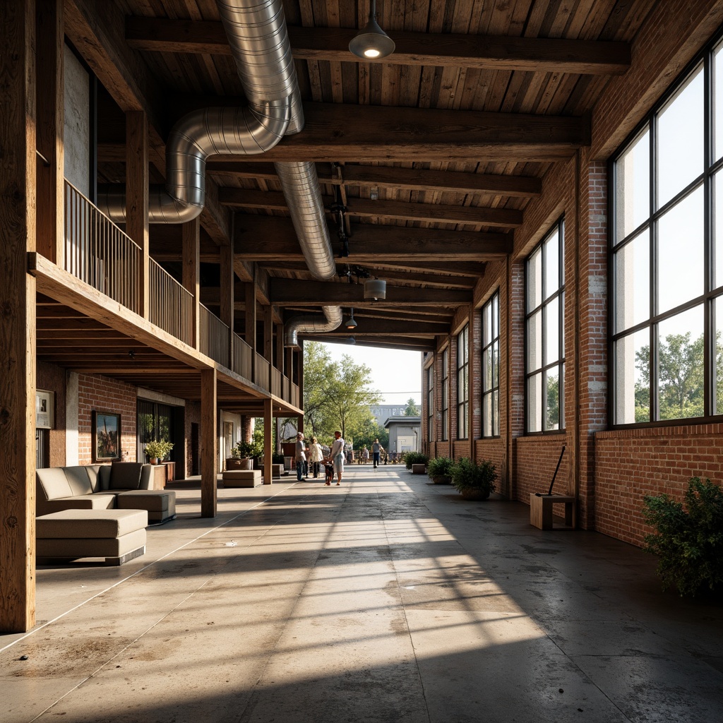 Prompt: Rustic industrial landscape, abandoned factories, worn brick walls, distressed metal roofs, reclaimed wood accents, earthy tones, natural textures, regional materials, local craftsmanship, exposed ductwork, concrete floors, steel beams, functional minimalism, industrial chic aesthetic, warm soft lighting, shallow depth of field, 1/1 composition, realistic renderings, ambient occlusion.