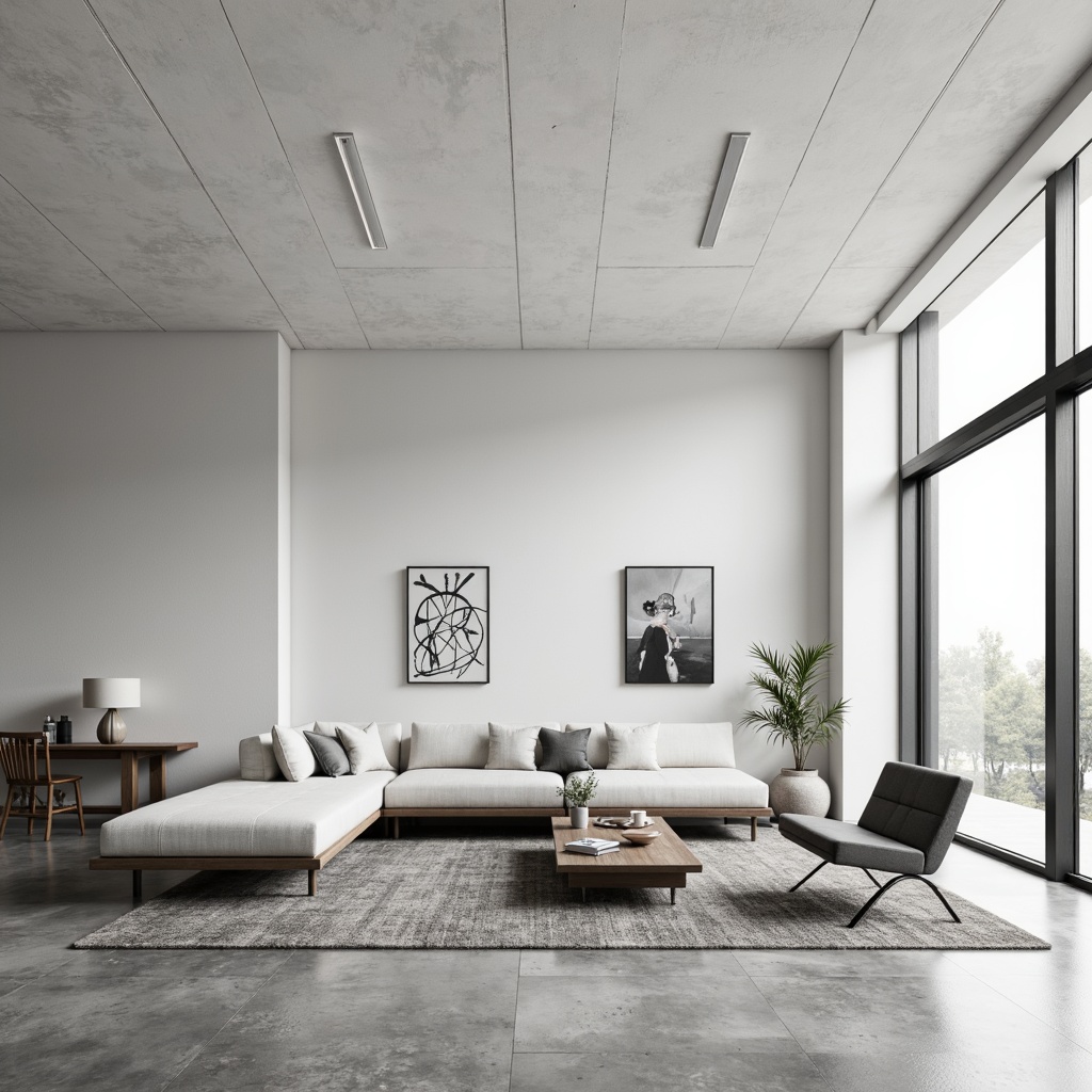 Prompt: Minimalist interior, clean lines, monochromatic color scheme, sleek furniture, low-profile sofas, geometric coffee tables, industrial metal chairs, polished concrete floors, large windows, abundant natural light, subtle textures, soft shadows, 1/1 composition, symmetrical framing, high-contrast lighting, abstract artwork, Scandinavian-inspired design.