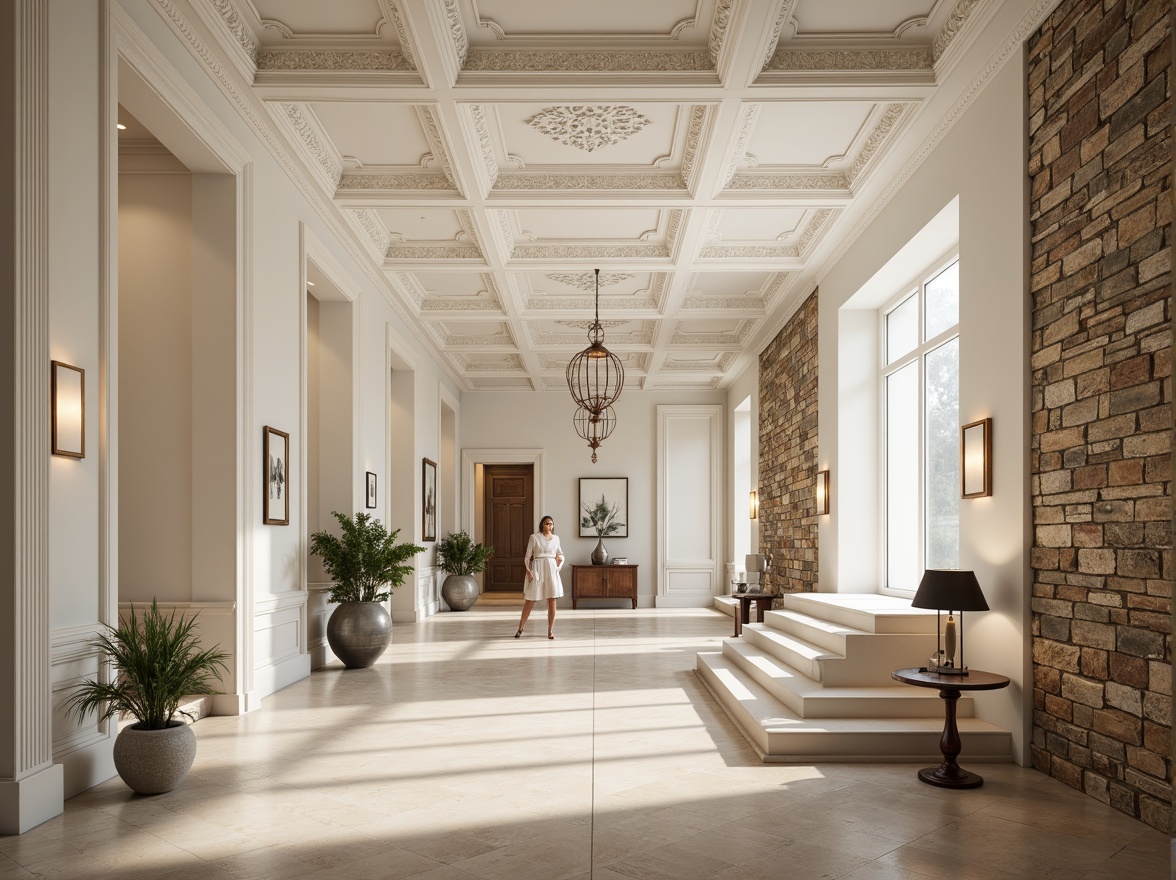 Prompt: Ornate plaster ceilings, decorative moldings, smooth white finishes, textured surfaces, rustic stone walls, classical architectural details, grand entrance halls, sweeping staircases, luxurious interior design, soft warm lighting, shallow depth of field, 3/4 composition, realistic textures, ambient occlusion.