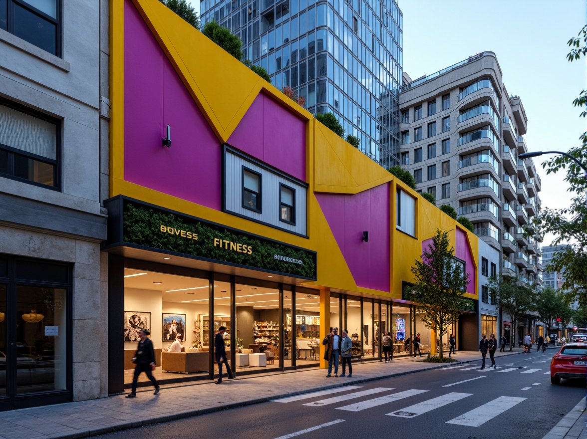 Prompt: Vibrant fitness club facade, bold color blocking, irregular shapes, fragmented forms, playful typography, neon lights, metallic accents, glass brick walls, cantilevered structures, asymmetrical composition, dynamic curves, urban cityscape, bustling streets, morning sunlight, shallow depth of field, 1/1 composition, realistic textures, ambient occlusion.