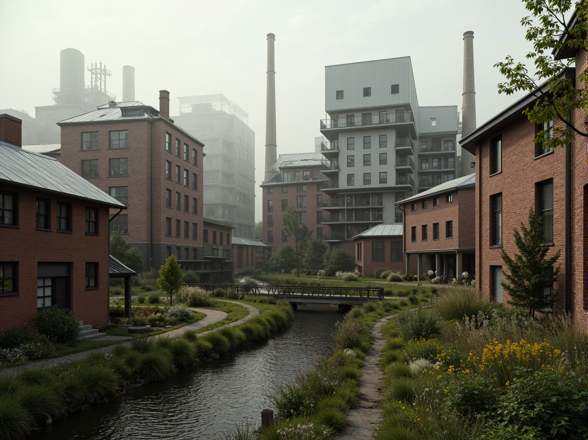 Prompt: Industrial factory complex, rustic brick buildings, corrugated metal roofs, worn concrete walls, vintage machinery, abandoned chimneys, overgrown vegetation, wildflowers, meandering streams, misty atmosphere, soft warm lighting, shallow depth of field, 3/4 composition, panoramic view, realistic textures, ambient occlusion, regionalism-inspired architecture, modern industrial design, functional spaces, exposed ductwork, metal catwalks, reclaimed wood accents, earthy color palette, natural stone pathways, weathered steel bridges.