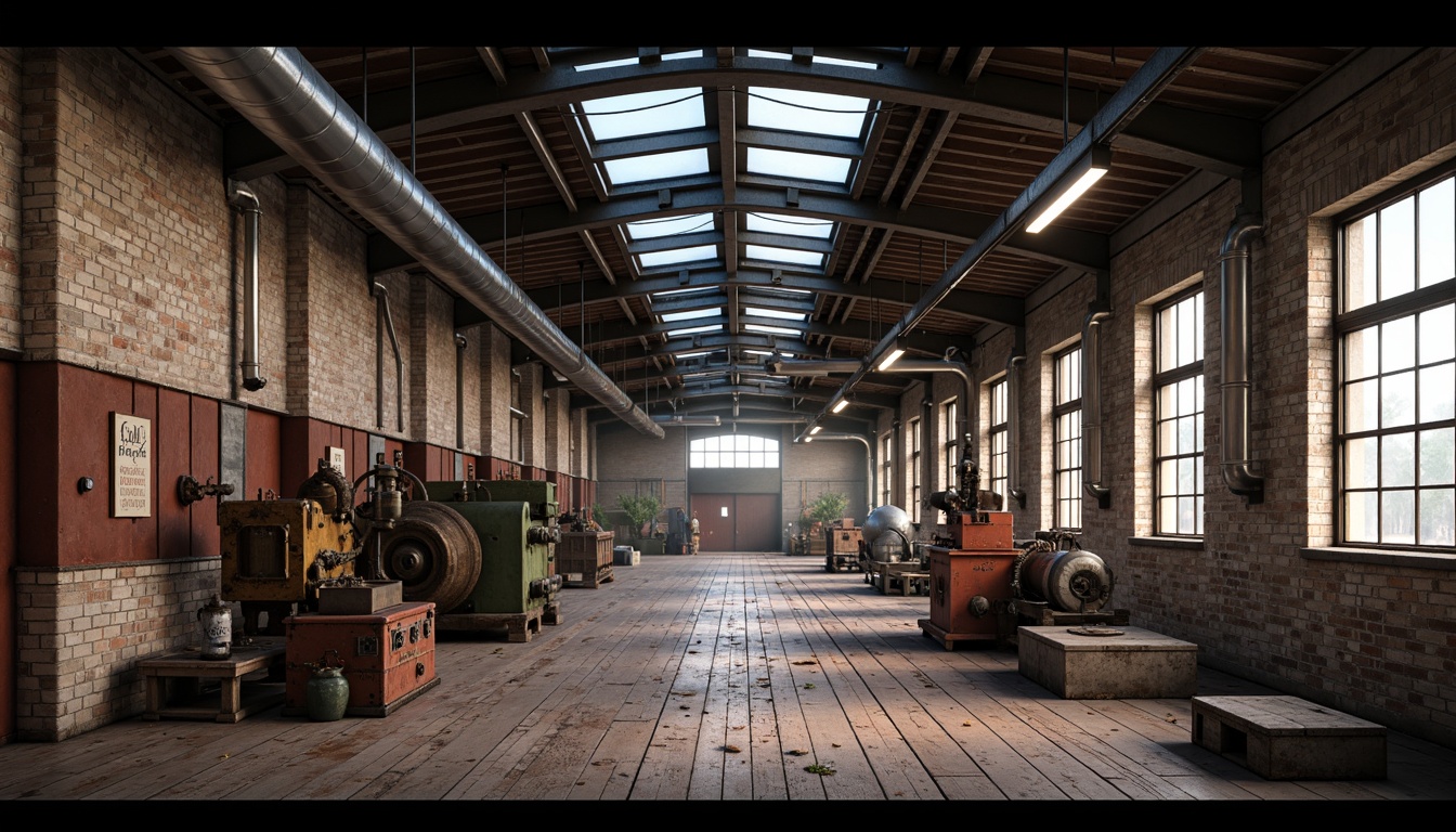 Prompt: Industrial factory setting, exposed brick walls, metal beams, worn wooden floors, vintage machinery, distressed textures, earthy tones, muted colors, rusty reds, weathered blues, faded yellows, industrial greys, urban atmosphere, gritty realism, high contrast lighting, dramatic shadows, cinematic composition, 1/2 camera angle, realistic renderings, ambient occlusion.