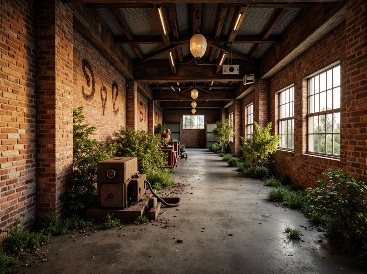 Prompt: Rustic industrial landscape, abandoned factories, distressed brick walls, corrugated metal roofs, worn wooden beams, vintage machinery, urban decay, overgrown vegetation, gritty urban atmosphere, warm golden lighting, shallow depth of field, 1/2 composition, cinematic view, realistic textures, ambient occlusion, nostalgic mood, retro-futuristic elements, exposed ductwork, concrete floors, steel columns, reclaimed wood accents, industrial chic aesthetic.