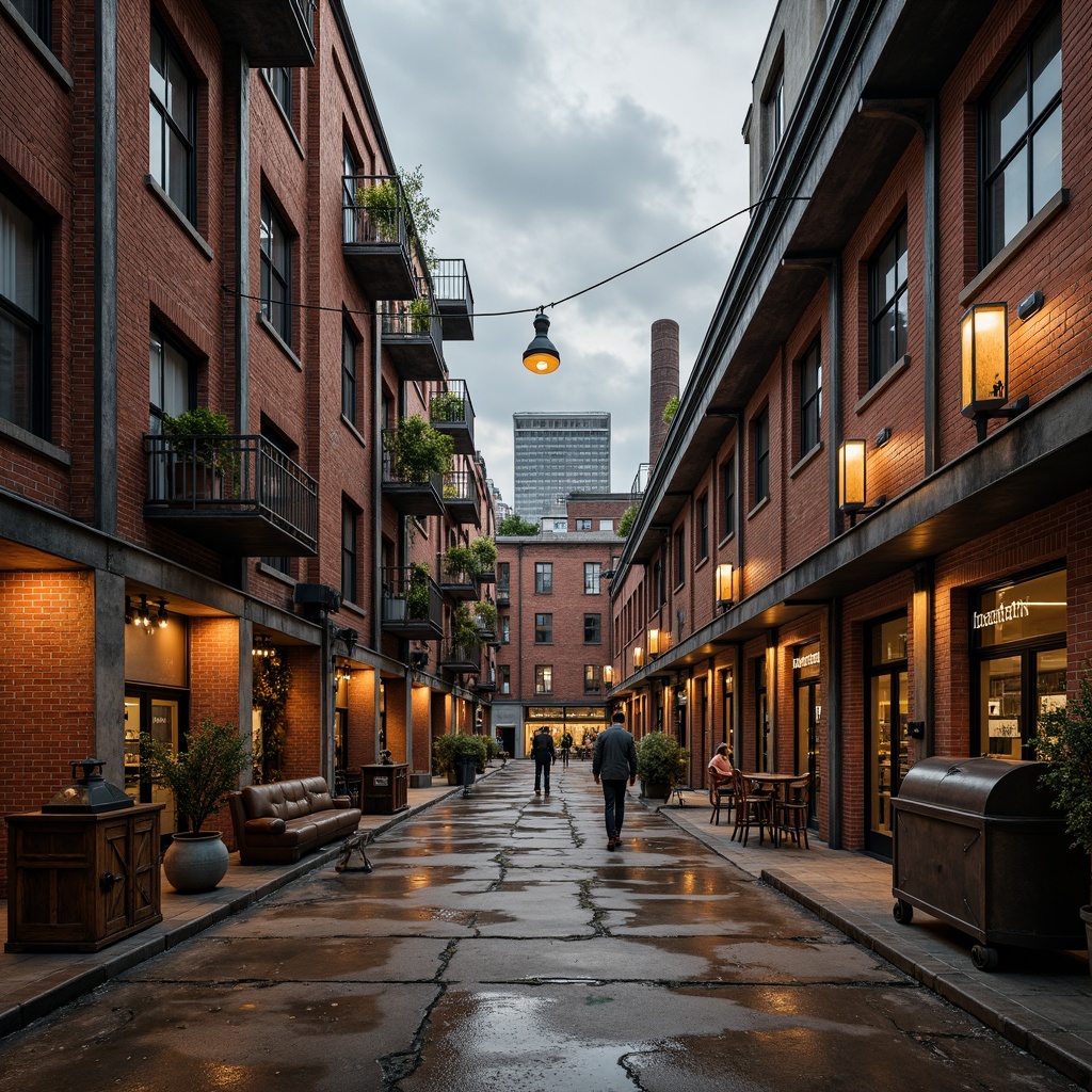 Prompt: Rustic industrial factory, exposed brick walls, metallic beams, reclaimed wood accents, distressed concrete floors, vintage machinery, urban cityscape, cloudy grey sky, warm soft lighting, shallow depth of field, 1/1 composition, realistic textures, ambient occlusion, worn wooden crates, old-fashioned lanterns, faded signage, eclectic mix of materials, post-industrial aesthetic, nostalgic atmosphere.