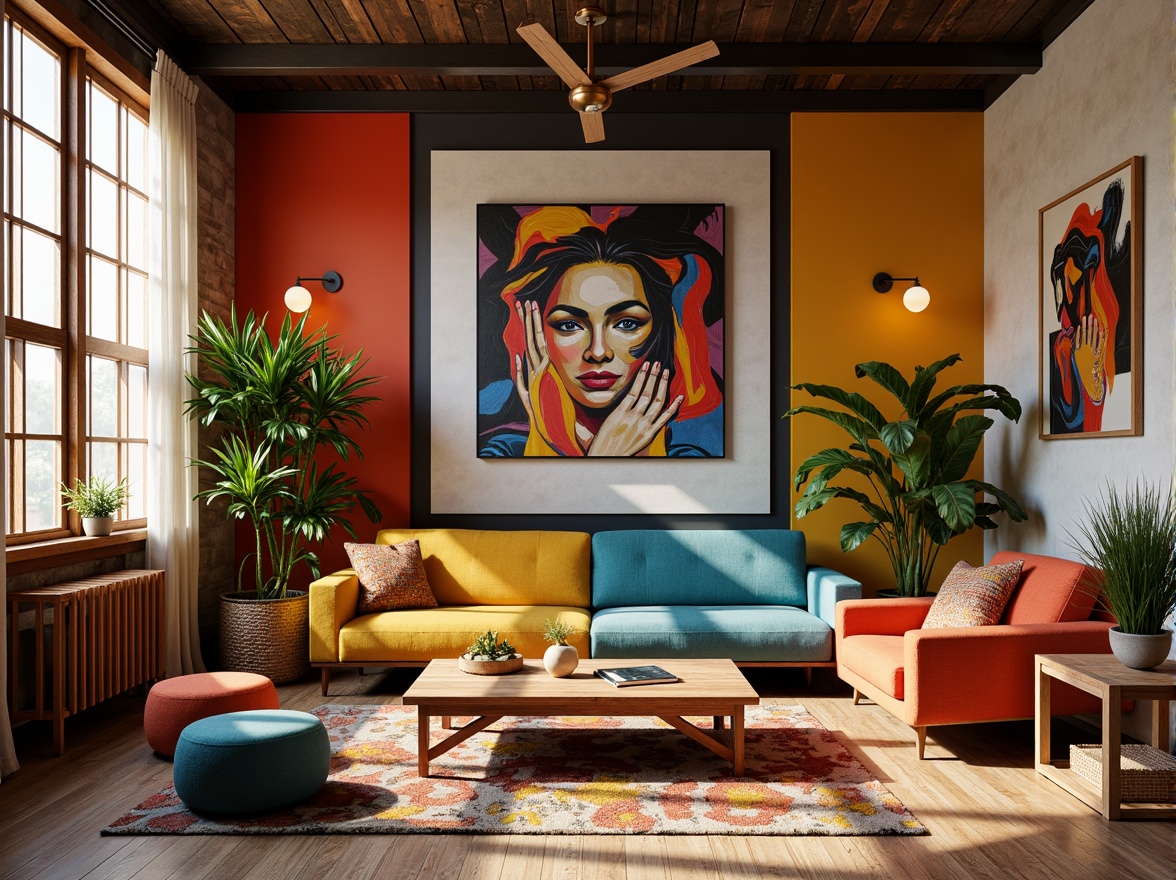 Prompt: Vibrant artistic studio, eclectic furniture, bold color blocking, contrasting textures, abstract artwork, statement lighting fixtures, industrial metal accents, reclaimed wood floors, bohemian-inspired rugs, natural fiber textiles, earthy tone ceramics, warm golden lighting, shallow depth of field, 1/1 composition, realistic renderings, ambient occlusion.