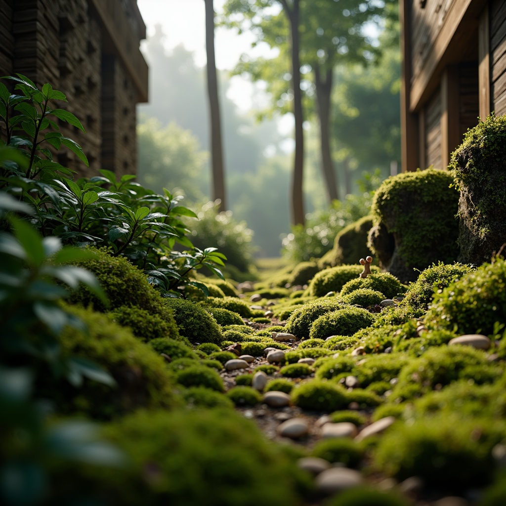 Prompt: Mossy forest floor, lush greenery, misty atmosphere, natural stone walls, wooden accents, earthy tones, organic textures, soft warm lighting, shallow depth of field, 3/4 composition, panoramic view, realistic foliage, ambient occlusion, serene ambiance, whimsical details, intricate patterns, nature-inspired design.