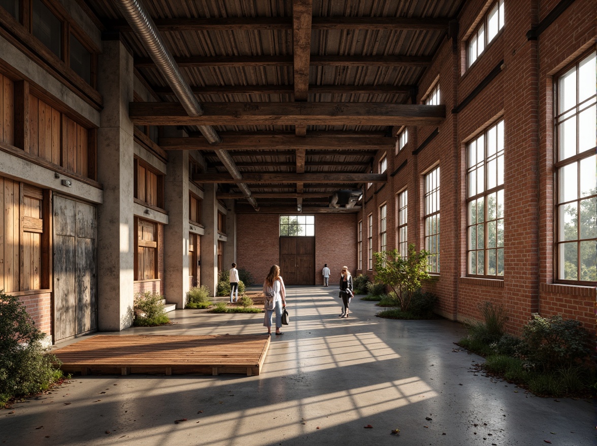 Prompt: Rustic industrial landscape, abandoned factories, worn brick walls, distressed metal roofs, reclaimed wood accents, earthy tones, natural textures, regional materials, local craftsmanship, exposed ductwork, concrete floors, steel beams, functional minimalism, industrial chic aesthetic, warm soft lighting, shallow depth of field, 1/1 composition, realistic renderings, ambient occlusion.