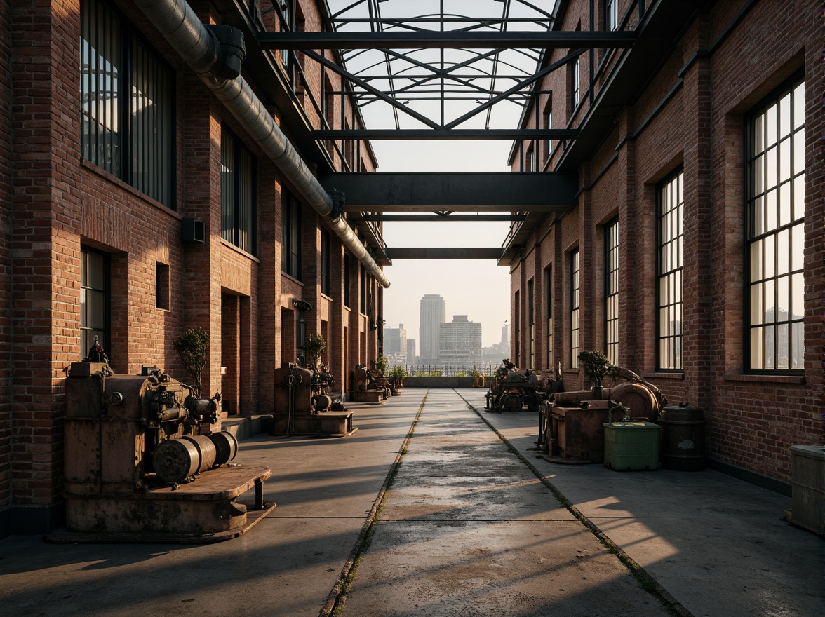 Prompt: Industrial factory setting, exposed brick walls, metal beams, worn wooden floors, distressed concrete textures, vintage machinery, rusty pipes, urban cityscape, cloudy grey skies, warm golden lighting, shallow depth of field, 1/2 composition, realistic materials, ambient occlusion, muted color palette, earthy tones, weathered steel blues, faded reds, industrial greens, creamy whites, rich browns.