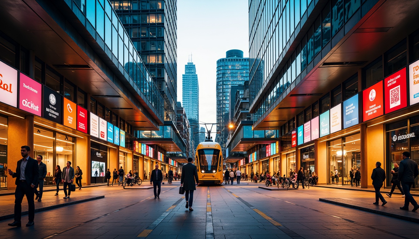 Prompt: Vibrant tram station, bold color schemes, contrasting hues, dynamic lighting effects, futuristic architecture, sleek metal accents, glass roofs, modern signage, urban cityscape, busy pedestrian traffic, rush hour atmosphere, warm golden lighting, shallow depth of field, 1/1 composition, realistic textures, ambient occlusion.