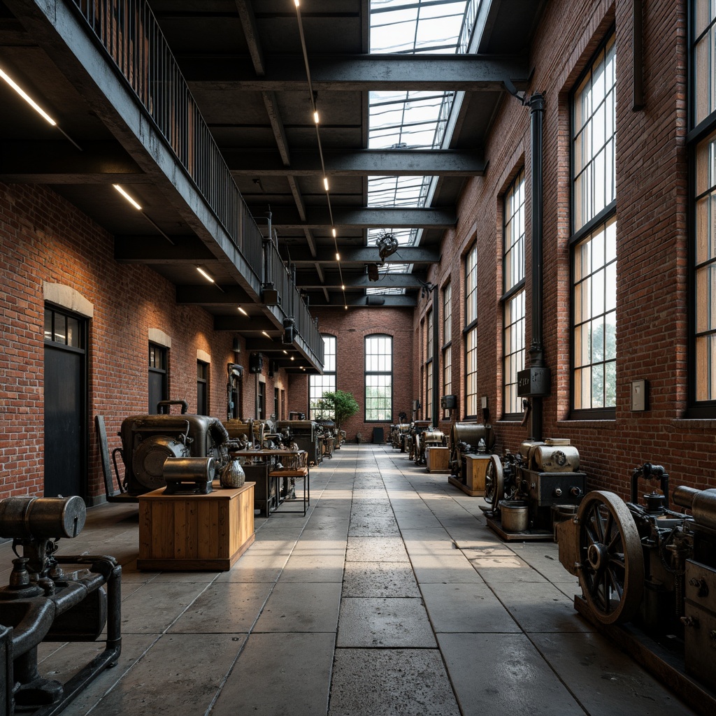 Prompt: Industrial factory setting, exposed brick walls, metal beams, worn wooden floors, vintage machinery, distressed textures, earthy tones, muted colors, rusty reds, weathered blues, faded yellows, industrial greys, urban atmosphere, gritty realism, high contrast lighting, dramatic shadows, cinematic composition, 1/2 camera angle, realistic renderings, ambient occlusion.