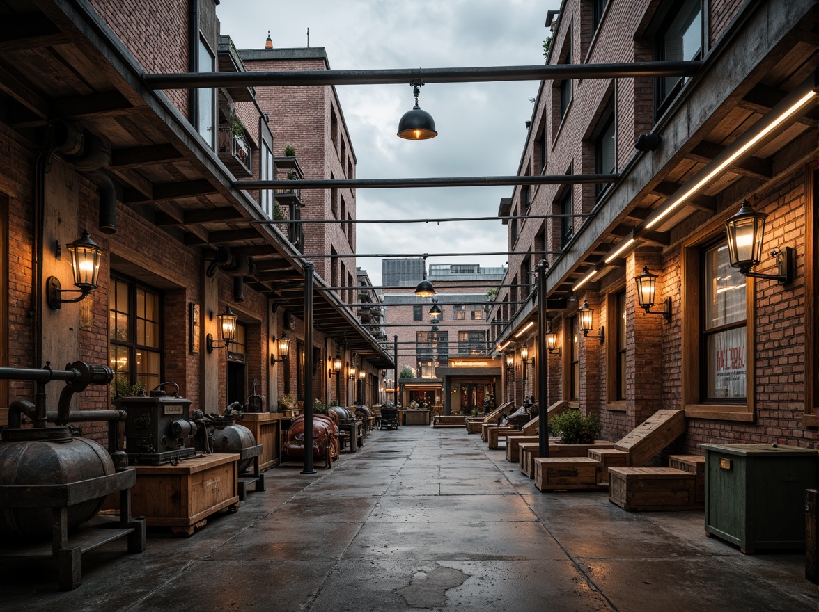 Prompt: Rustic industrial factory, exposed brick walls, metallic beams, reclaimed wood accents, distressed concrete floors, vintage machinery, urban cityscape, cloudy grey sky, warm soft lighting, shallow depth of field, 1/1 composition, realistic textures, ambient occlusion, worn wooden crates, old-fashioned lanterns, faded signage, eclectic mix of materials, post-industrial aesthetic, nostalgic atmosphere.