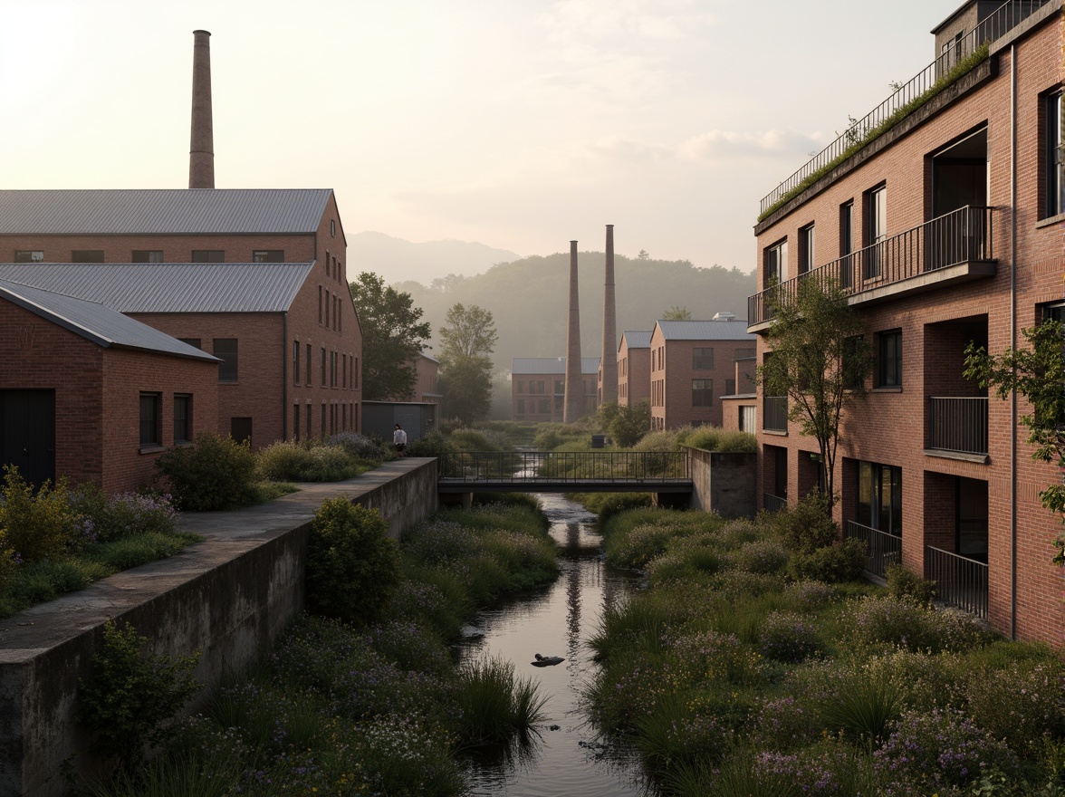 Prompt: Industrial factory complex, rustic brick buildings, corrugated metal roofs, worn concrete walls, vintage machinery, abandoned chimneys, overgrown vegetation, wildflowers, meandering streams, misty atmosphere, soft warm lighting, shallow depth of field, 3/4 composition, panoramic view, realistic textures, ambient occlusion, regionalism-inspired architecture, modern industrial design, functional spaces, exposed ductwork, metal catwalks, reclaimed wood accents, earthy color palette, natural stone pathways, weathered steel bridges.