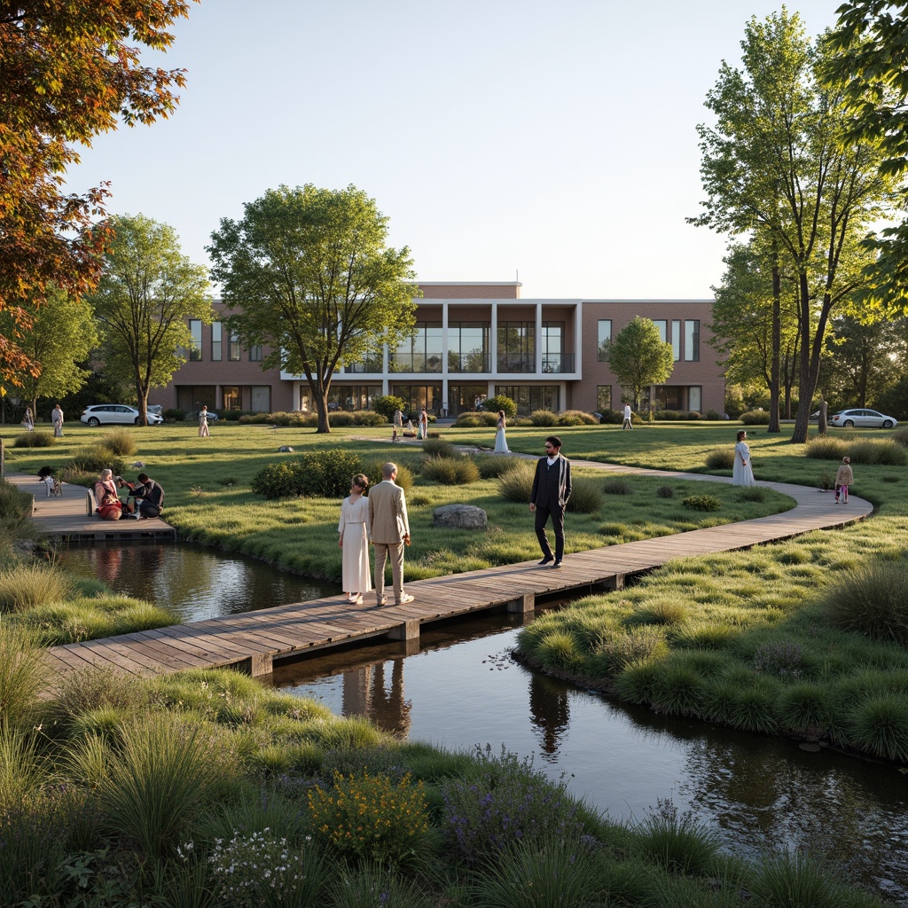 Prompt: Majestic memorial center, serene wetland surroundings, lush greenery, tranquil water features, wooden boardwalks, natural stone pathways, modern minimalist architecture, large glass windows, sliding doors, eco-friendly materials, sustainable design, bird-watching areas, wildlife observation decks, educational signage, interpretive exhibits, peaceful ambiance, soft warm lighting, shallow depth of field, 3/4 composition, panoramic view, realistic textures, ambient occlusion.