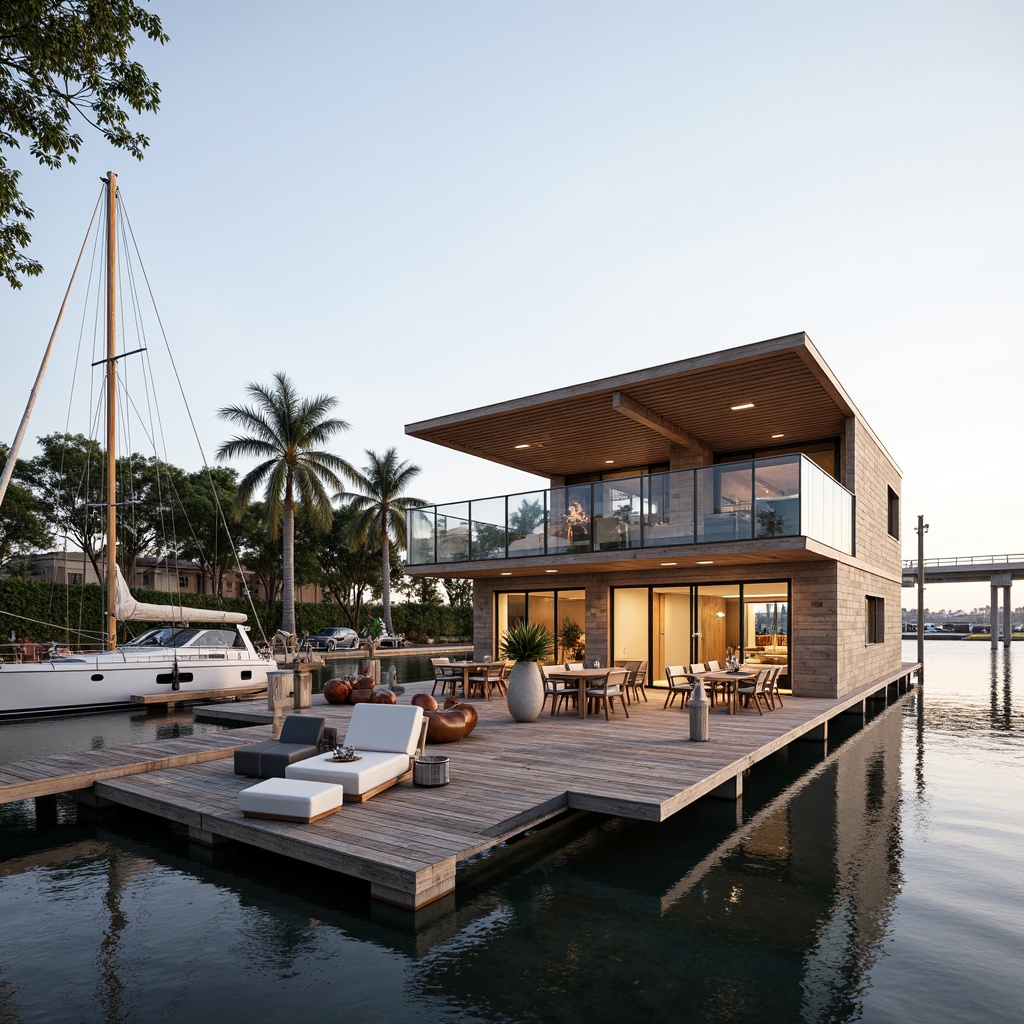 Prompt: Waterfront location, wooden dock, sailboats, modern boathouse, international style facade, large windows, sliding glass doors, minimalist design, neutral color palette, natural wood accents, corrugated metal roofing, cantilevered upper floor, outdoor seating area, nautical-themed decor, soft warm lighting, shallow depth of field, 1/1 composition, realistic textures, ambient occlusion.