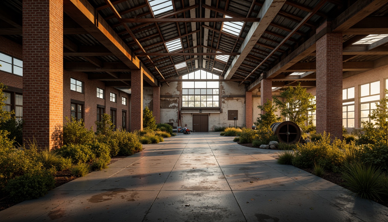 Prompt: Rustic industrial landscape, abandoned factories, distressed brick walls, corrugated metal roofs, worn wooden beams, vintage machinery, urban decay, overgrown vegetation, gritty urban atmosphere, warm golden lighting, shallow depth of field, 1/2 composition, cinematic view, realistic textures, ambient occlusion, nostalgic mood, retro-futuristic elements, exposed ductwork, concrete floors, steel columns, reclaimed wood accents, industrial chic aesthetic.