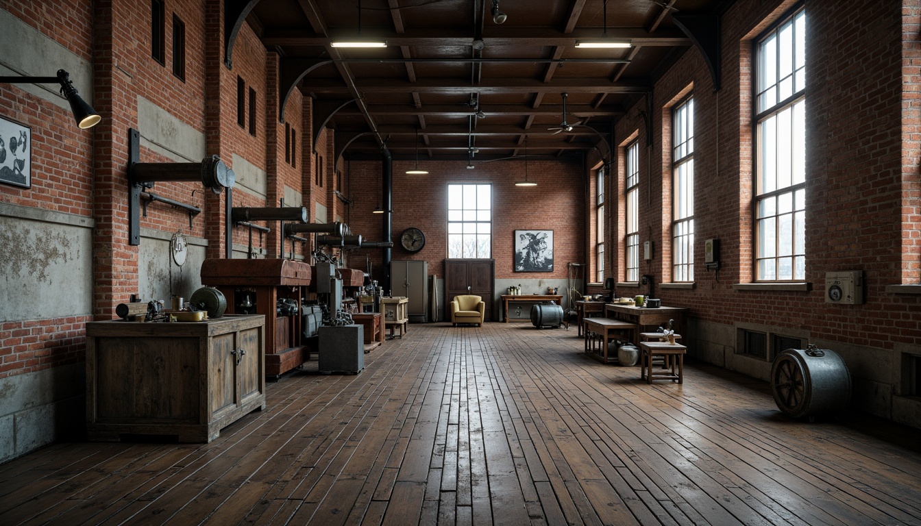 Prompt: Industrial factory setting, exposed brick walls, metal beams, worn wooden floors, vintage machinery, distressed textures, earthy tones, muted colors, rusty reds, weathered blues, faded yellows, industrial greys, urban atmosphere, gritty realism, high contrast lighting, dramatic shadows, cinematic composition, 1/2 camera angle, realistic renderings, ambient occlusion.