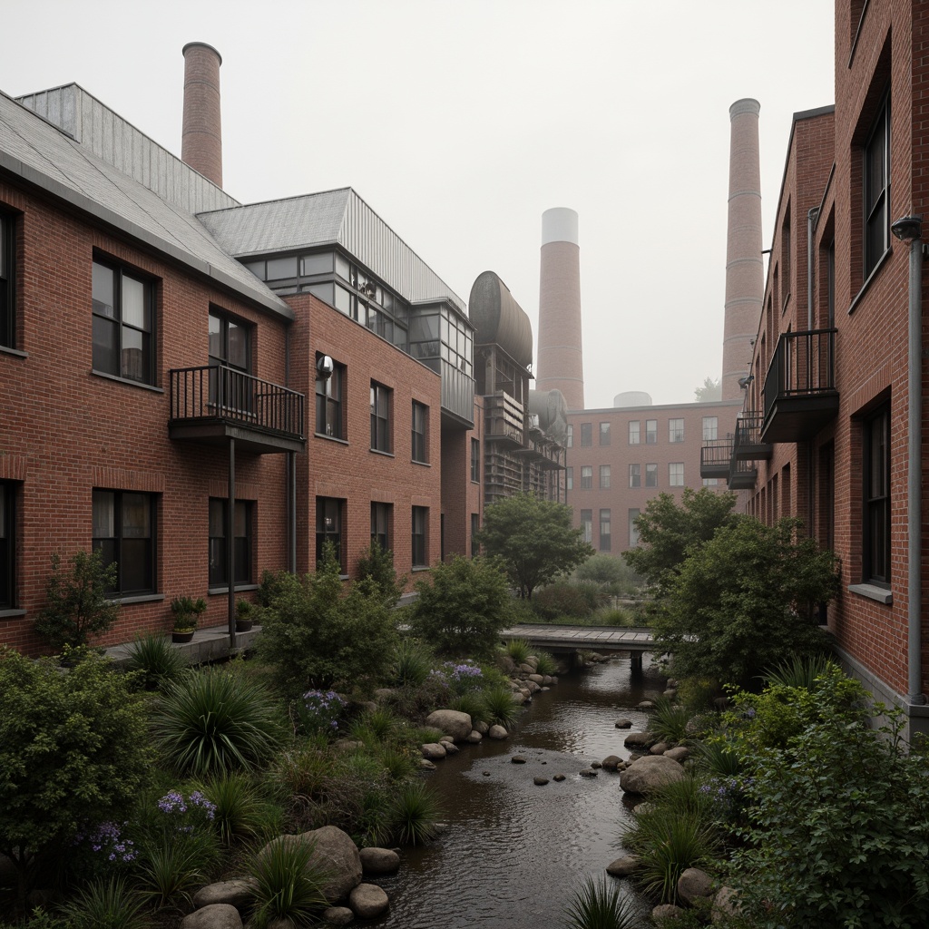 Prompt: Industrial factory complex, rustic brick buildings, corrugated metal roofs, worn concrete walls, vintage machinery, abandoned chimneys, overgrown vegetation, wildflowers, meandering streams, misty atmosphere, soft warm lighting, shallow depth of field, 3/4 composition, panoramic view, realistic textures, ambient occlusion, regionalism-inspired architecture, modern industrial design, functional spaces, exposed ductwork, metal catwalks, reclaimed wood accents, earthy color palette, natural stone pathways, weathered steel bridges.