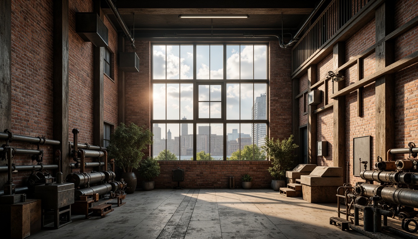 Prompt: Industrial factory setting, exposed brick walls, metal beams, worn wooden floors, distressed concrete textures, vintage machinery, rusty pipes, urban cityscape, cloudy grey skies, warm golden lighting, shallow depth of field, 1/2 composition, realistic materials, ambient occlusion, muted color palette, earthy tones, weathered steel blues, faded reds, industrial greens, creamy whites, rich browns.