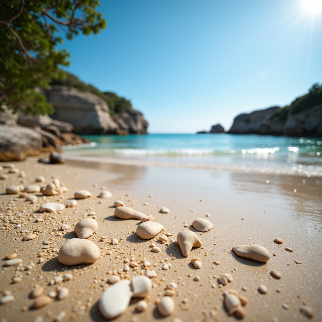 Prompt: Warm sandy shores, crystal-clear turquoise waters, seashell fragments, driftwood textures, ocean breeze, sunny day, soft warm lighting, shallow depth of field, 3/4 composition, panoramic view, realistic textures, ambient occlusion, calming color palette, soothing blues and whites, natural earthy tones, weathered wood accents, sea-salt air, gentle wave movements, beachy vibes.