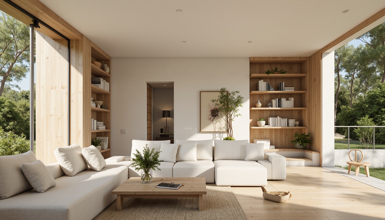 Prompt: Minimalist villa, clean lines, simple shapes, monochromatic color scheme, soft beige walls, creamy white accents, warm wooden floors, natural stone textures, lush greenery surroundings, serene atmosphere, abundant natural light, floor-to-ceiling windows, sliding glass doors, cozy reading nooks, built-in shelving units, subtle ambient lighting, 1/1 composition, shallow depth of field, realistic renderings.