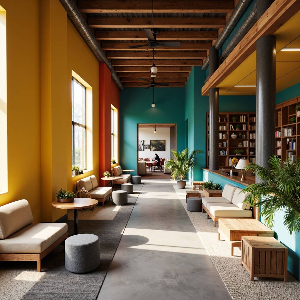 Prompt: Vibrant student lounge, bold accent walls, warm beige furniture, rich wood tones, calming blue-green hues, natural textiles, industrial metal accents, modern minimalist decor, cozy reading nooks, comfortable seating areas, abundant natural light, soft warm lighting, 1/1 composition, realistic textures, ambient occlusion.